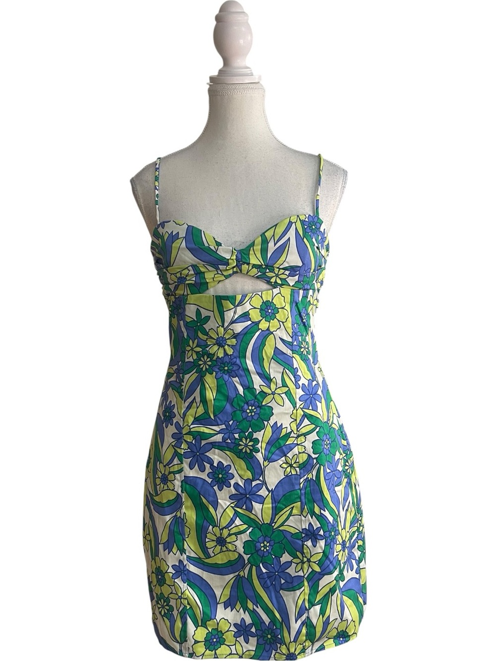 Zara Floral Cutout Mini Dress Blue Green